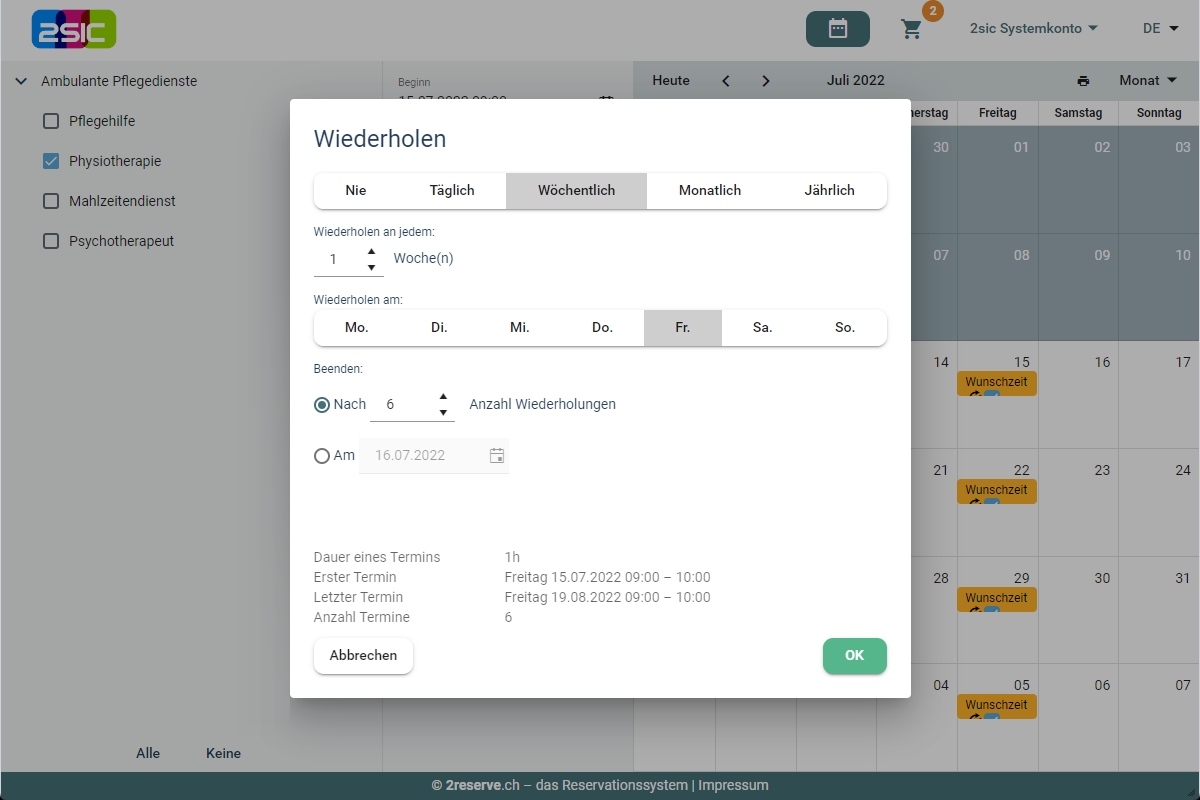 Terminserien für ambulante Dienstleistungen wie Therapien, Mahlzeitendienst und mehr